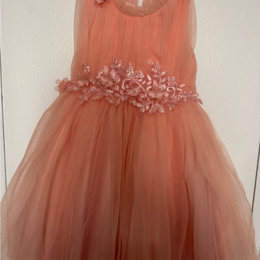 Elegant Peach Kids Dress with Floral Embellishments